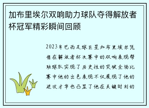 加布里埃尔双响助力球队夺得解放者杯冠军精彩瞬间回顾
